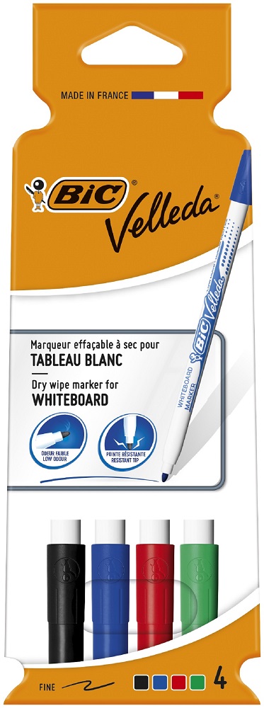 MARQUEUR BIC VELLEDA 1721 EFFAABLE POINTE OGIVE 1MM ENCRE ALCOOL SANS ODEUR CORPS PLASTIQUE POCHETTE 4 UNITS