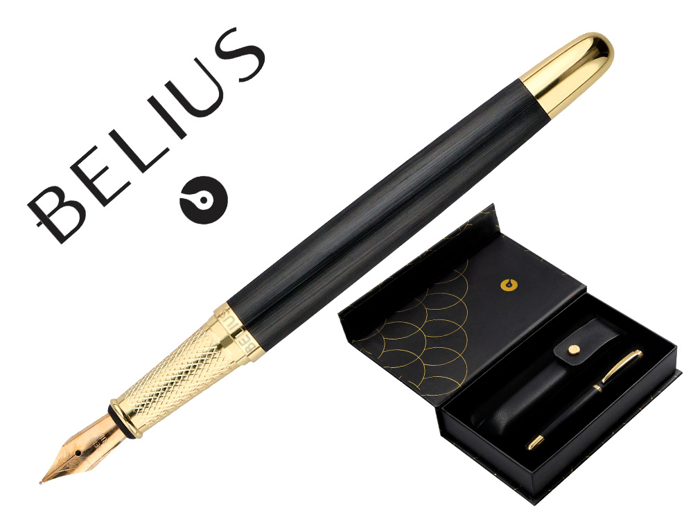 STYLO-PLUME ET ETUI EN SIMILI CUIR BELIUS PASSION ALUMINIUM BROSSE ATTRIBUTS OR ENCRE BLEUE COLORIS NOIR COFFRET CADEAU