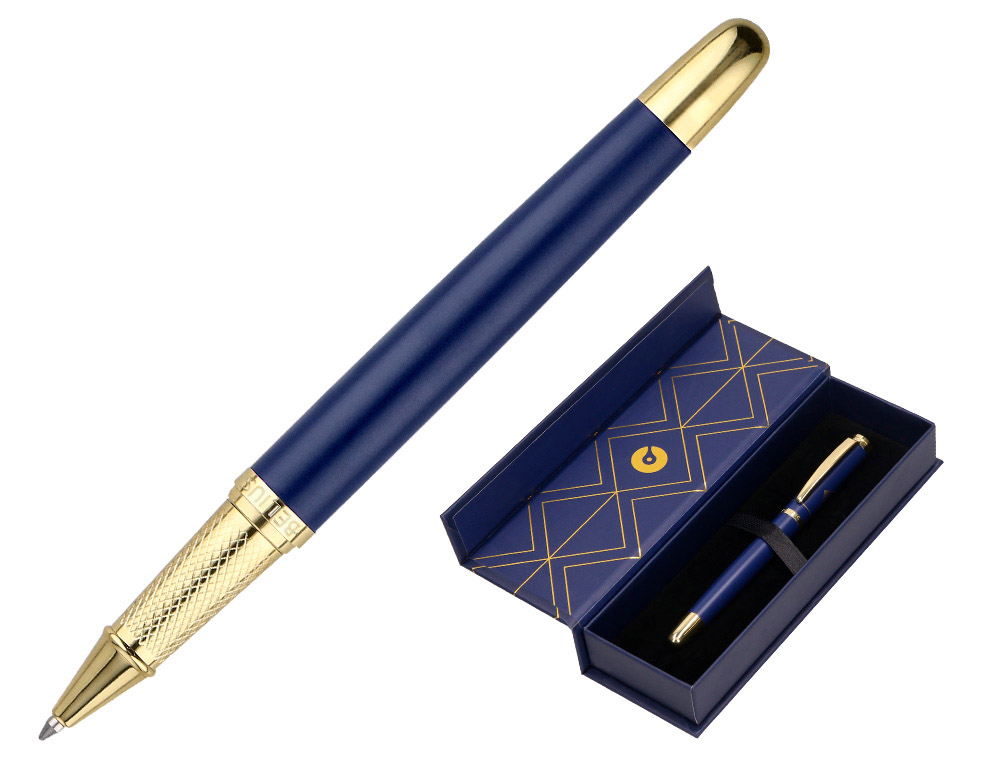 STYLO-BILLE BELIUS SOIREE ALUMINIUM DETAILS ET ATTRIBUTS OR ENCRE BLEUE COLORIS BLEU MARINE DANS COFFRET CADEAU