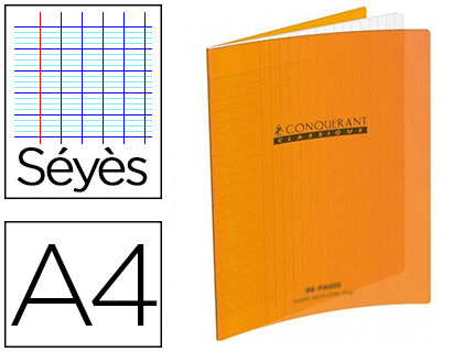 CAHIER PIQU CONQURANT CLASSIQUE COUVERTURE POLYPROPYLNE RIGIDE TRANSPARENTE A4 21X29,7CM 96 PAGES 90G SYS ORANGE