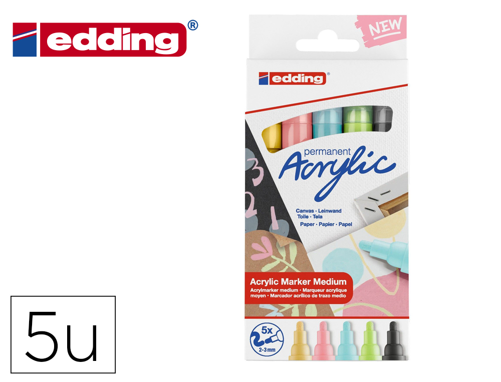 MARQUEUR EDDING PERMANENT ACRYLIC 5100 POINTE OGIVE     2-3MM COLORIS PASTEL ASSORTIS BOITE 5 UNITES