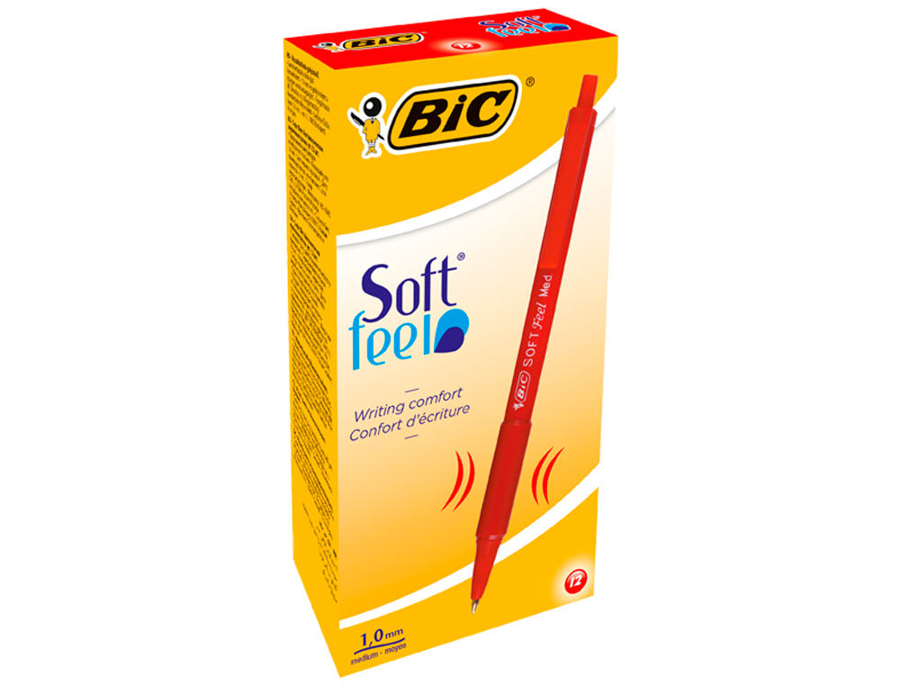 STYLO-BILLE BIC SOFT FEEL POINTE MOYENNE 1MM RÉTRACTABLE CLIP GRIP CORPS CAOUTCHOUC COULEUR ROUGE