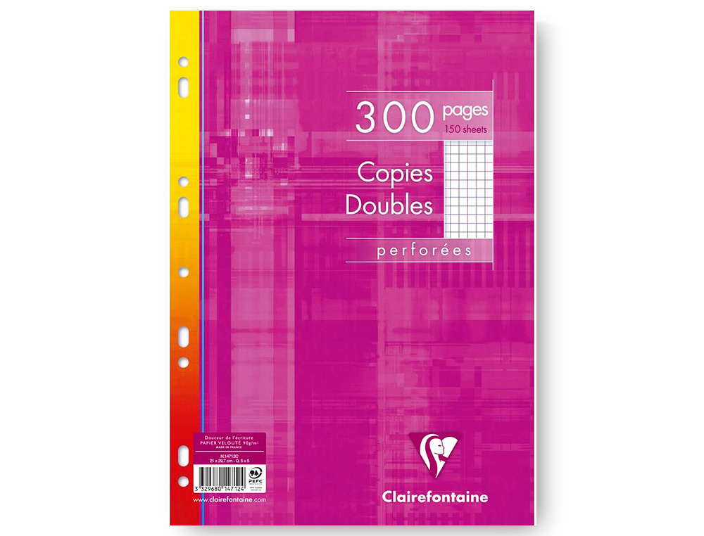 COPIE DOUBLE CLAIREFONTAINE A4 21X29,7CM PAPIER VELIN VELOUTE 300 PAGES 90G 5X5MM PERFOREES SOUS FILM COLORIS BLANC