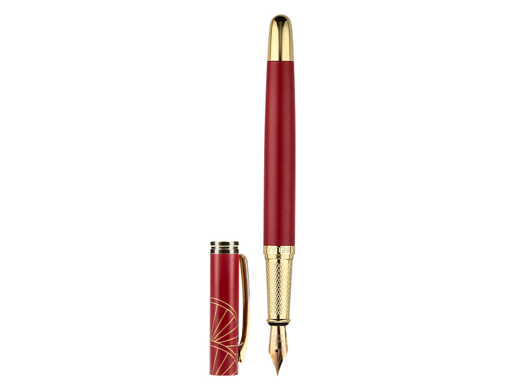 STYLO-PLUME BELIUS SOIREE ALUMINIUM DETAILS ET ATTRIBUTS OR ENCRE BLEUE COLORIS BORDEAUX DANS COFFRET CADEAU