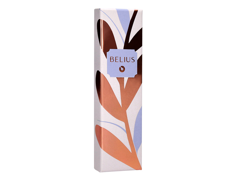 STYLO-BILLE BELIUS ROSE ALUMINIUM DETAILS ET ATTRIBUTS OR ROSE ENCRE BLEUE COLORIS LAVANDE DANS COFFRET CADEAU