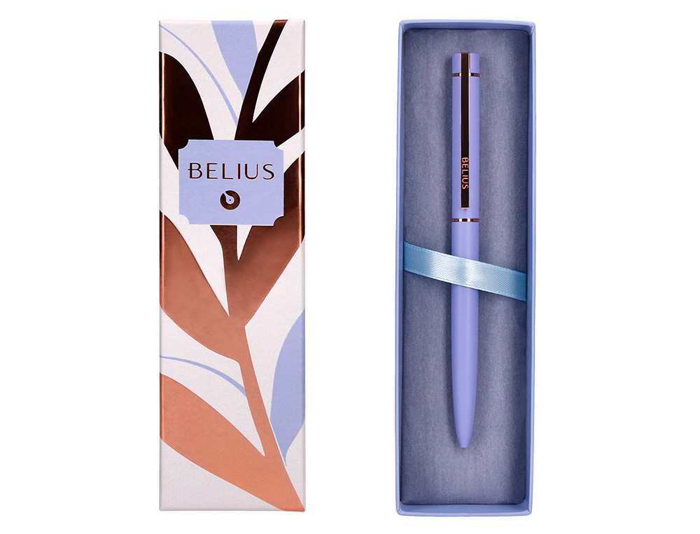 STYLO-BILLE BELIUS ROSE ALUMINIUM DETAILS ET ATTRIBUTS OR ROSE ENCRE BLEUE COLORIS LAVANDE DANS COFFRET CADEAU
