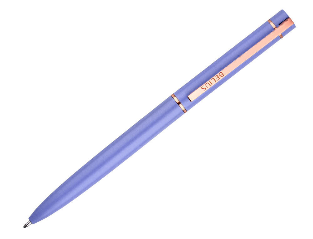 STYLO-BILLE BELIUS ROSE ALUMINIUM DETAILS ET ATTRIBUTS OR ROSE ENCRE BLEUE COLORIS LAVANDE DANS COFFRET CADEAU