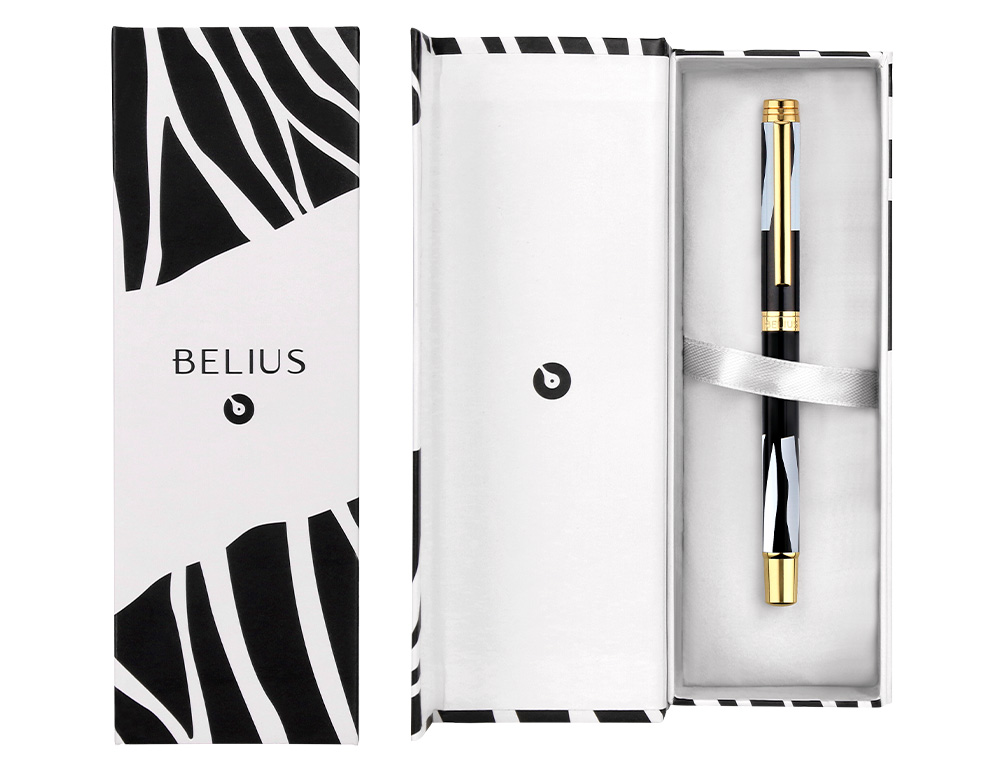 ROLLER BELIUS B&W ALUMINIUM ATTRIBUTS OR ENCRE NOIRE COLORIS BLANC ZEBRURES NOIRES DANS COFFRET CADEAU