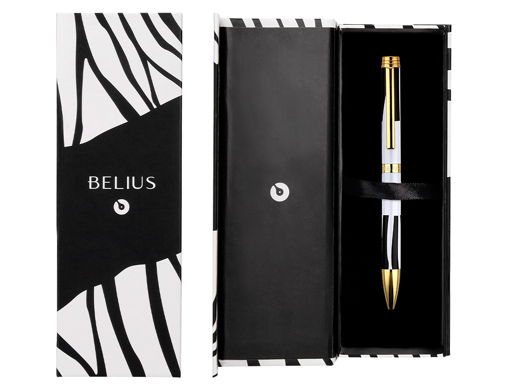 ROLLER BELIUS B&W ALUMINIUM ATTRIBUTS OR ENCRE NOIRE COLORIS BLANC ZEBRURES NOIRES DANS COFFRET CADEAU