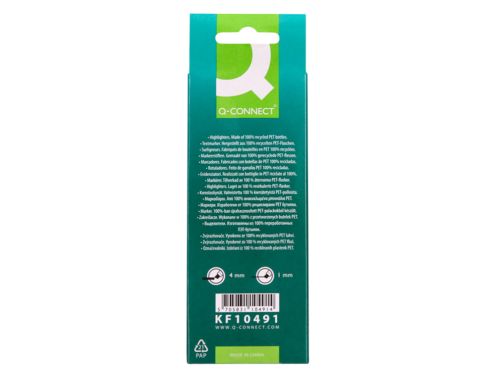 SURLIGNEUR Q-CONNECT FLUORESCENT CORPS TRANSPARENT POINTE BISEAUTEE TRAIT 1-5MM GRIP COLORIS ASSORTIS POCHETTE 4 UNITES