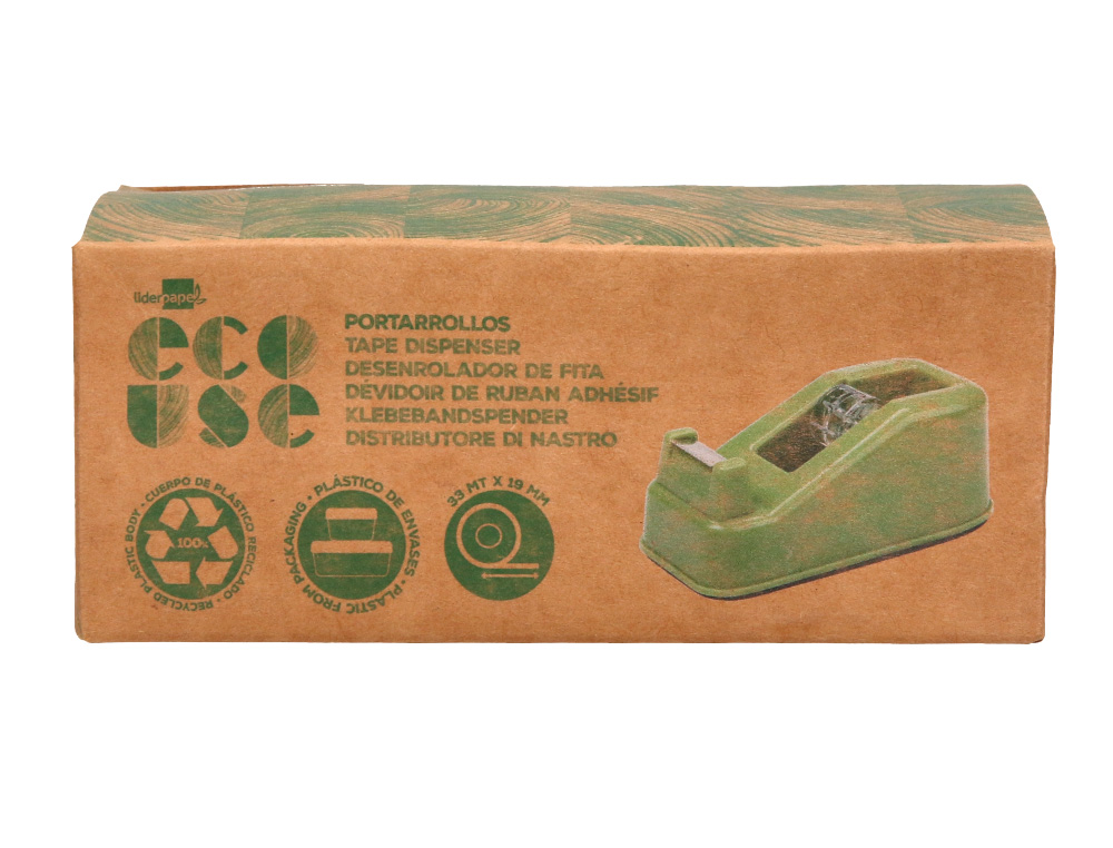 DEVIDOIR DE COMPTOIR LIDERPAPEL ECOUSE 100%        PLASTIQUE RECYCLE RUBAN       ADHESIF 19MMX33M COLORIS VERT