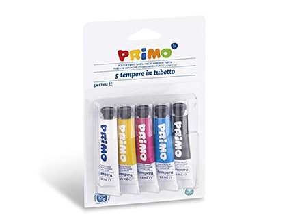 GOUACHE SCOLAIRE PRIMO COLORIS JAUNE, BLEU, BLANC,   NOIR ET ROSE - BLISTER DE 5   TUBES 12ML