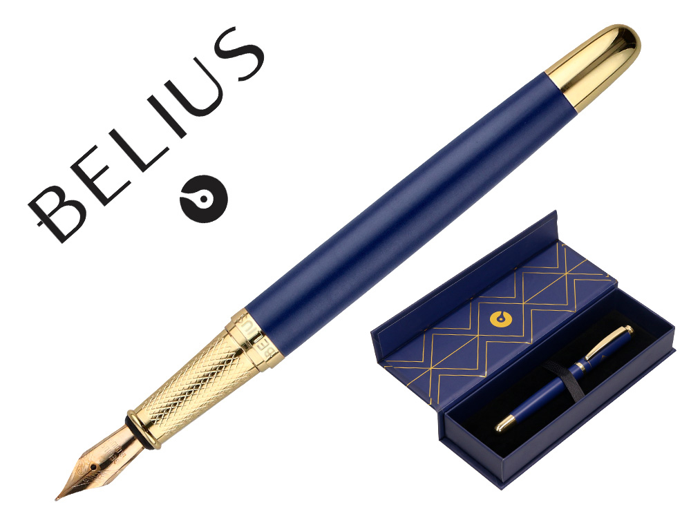 STYLO-PLUME BELIUS SOIREE ALUMINIUM DETAILS ET ATTRIBUTS OR ENCRE BLEUE COLORIS BLEU MARINE DANS COFFRET CADEAU