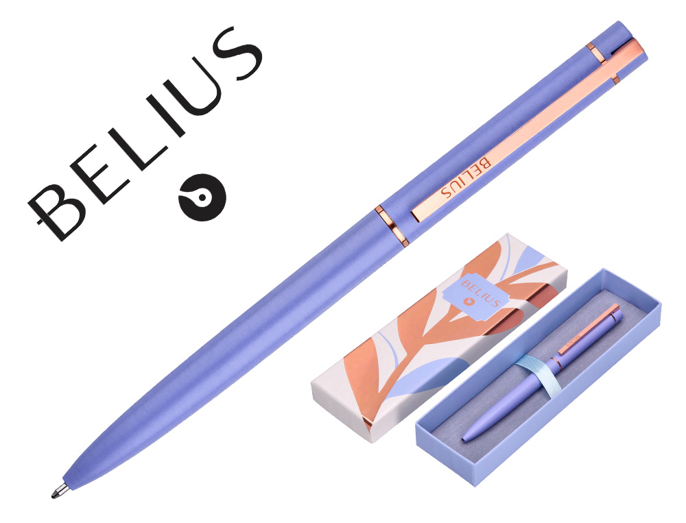 STYLO-BILLE BELIUS ROSE ALUMINIUM DETAILS ET ATTRIBUTS OR ROSE ENCRE BLEUE COLORIS LAVANDE DANS COFFRET CADEAU