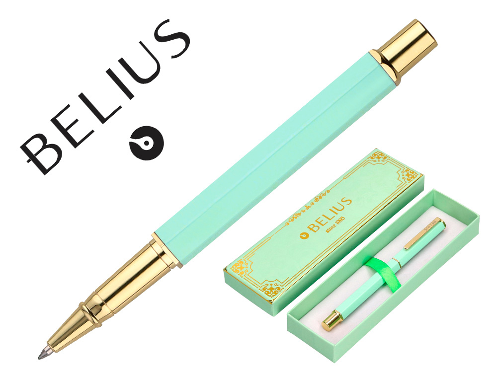 STYLO-BILLE BELIUS MACARON BLISS HEXAGONAL ALUMINIUM DETAILS ET ATTRIBUTS OR ENCRE BLEUE COLORIS VERT COFFRET CADEAU