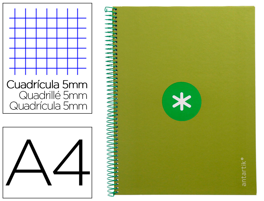 CAHIER SPIRALE ANTARTIK A4 160P 90G COUVERTURE REMBORDEE 5X5MM 4 TROUS 1 BANDE COLORIS VERT