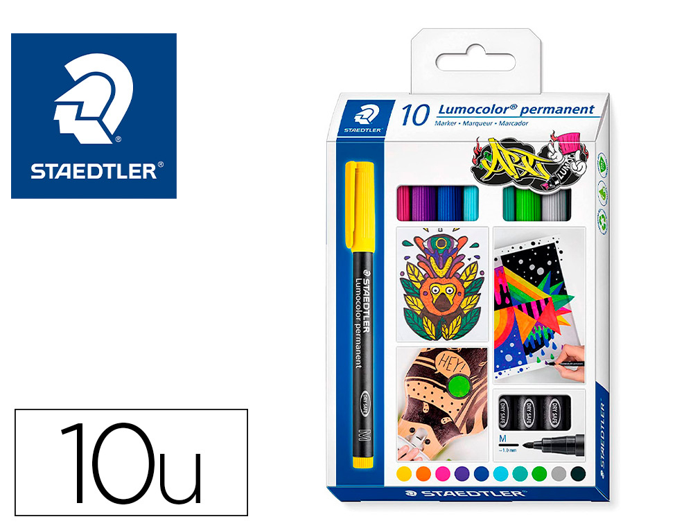 MARQUEUR STAEDTLER PERMANENT DRY SAFE LUMOCOLOR  317       POINTE MOYENNE 1MM COLORIS    ASSROTIS ETUI DE 10 FEUTRES