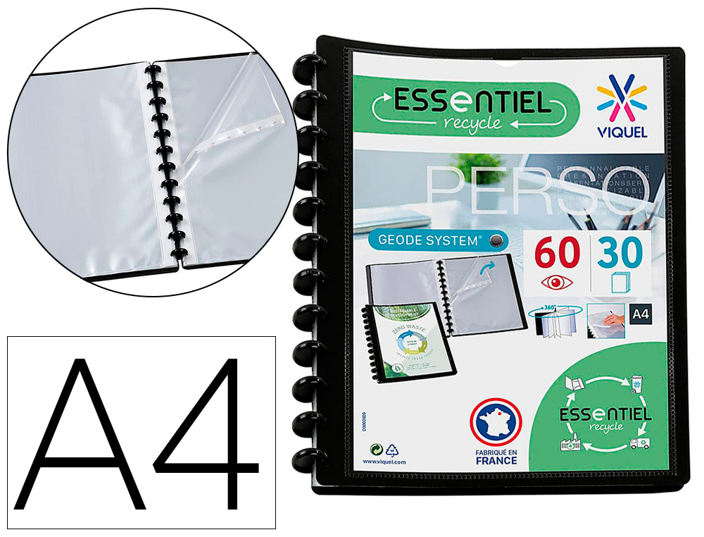 PORTE VUES GEODE ESSENTIEL RECYCLE PERSONNALISABLE 60    VUES POLYPROPYLENE A4 MAXI    COLORIS NOIR