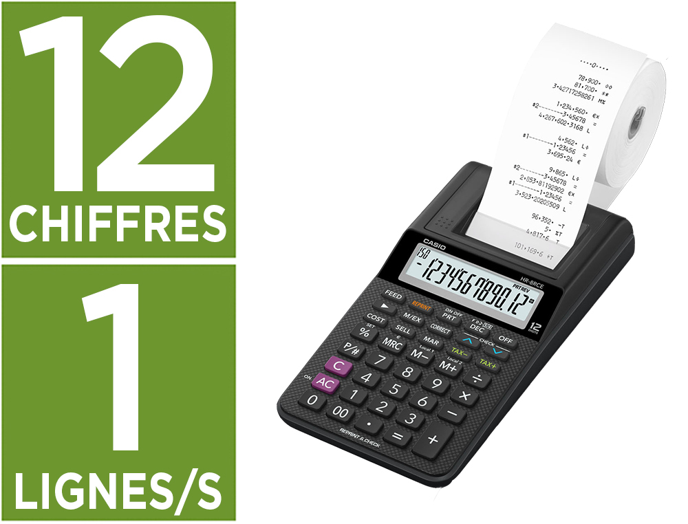 CALCULATRICE CASIO IMPRIMANTE HR-150RCE AVEC ADAPTATEUR 12  CHIFFRES VITESSE IMPRESSION 2 LIGNES/SECONDE COLORIS NOIR