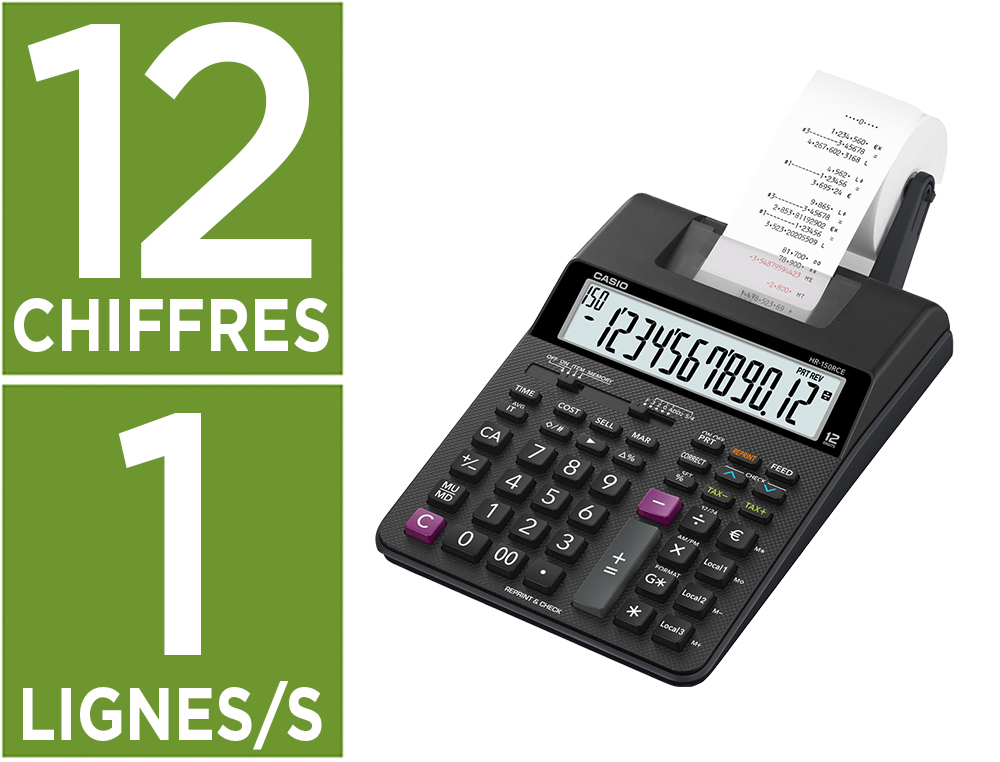 CALCULATRICE CASIO IMPRIMANTE HR-8RCE 12 CHIFFRES VITESSE   IMPRESSION 2 LIGNES/SECONDE   COLORIS NOIR