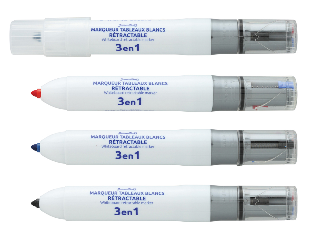MARQUEUR JUVENILIA EFFACABLE TABLEAU BLANC MULTICOLORE 3   EN 1 RECHARGEABLE POINTE FINE CONIQUE RETRACTABLE