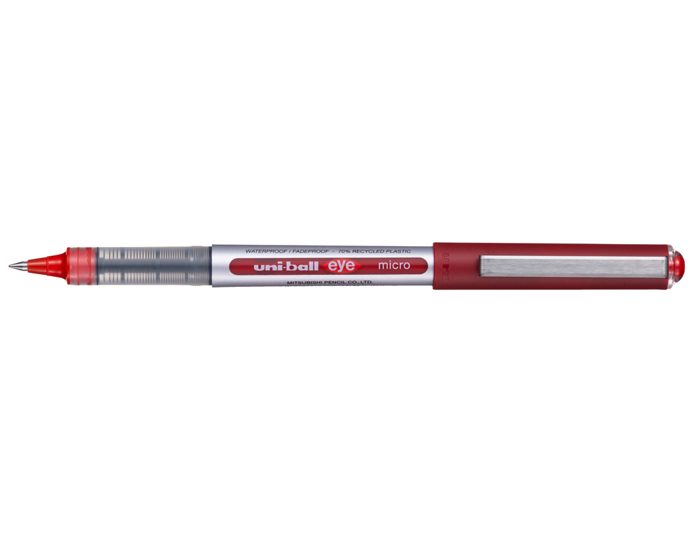 ROLLER UNIBALL EYE PLASTIQUE RECYCLE ENCRE LIQUIDE         ECRITURE FINE POINTE METAL    COLORIS ROUGE