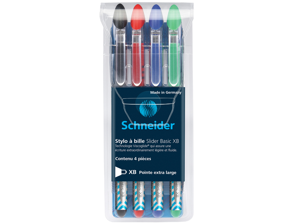 STYLO-BILLE SCHNEIDER SLIDER BASIC XB POINTE LARGE 1.4 MM  POCHETTE DE 4 COLORIS         ASSORTIS