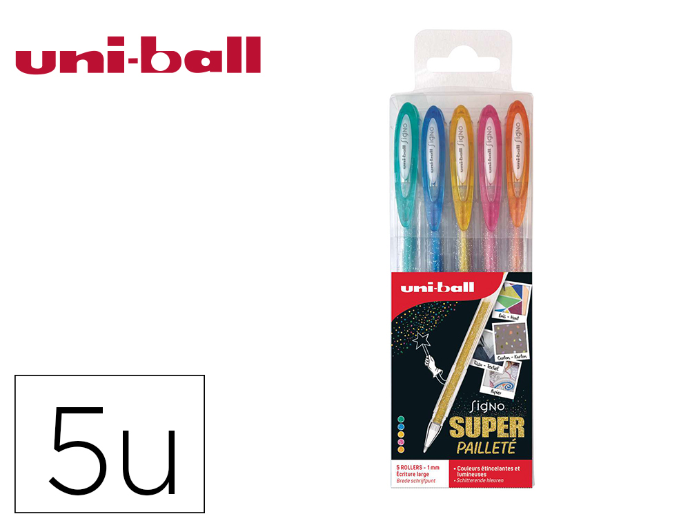 POCHETTE UNIBALL SIGNO ROLLER ENCRE GEL ECRITURE MOYENNE    COLORIS PAILLETE BLEU / OR /  ORANGE / ROSE / VERT 5 UNITES