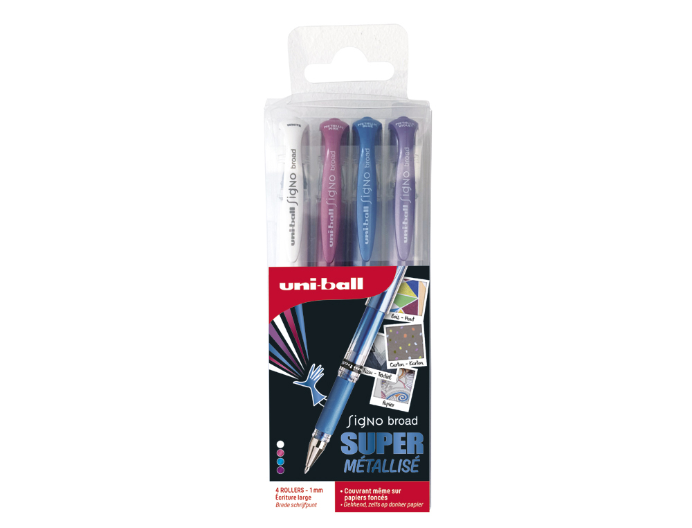 POCHETTE UNIBALL SIGNO ROLLER ENCRE GEL ECRITURE LARGE      BROAD CREATIF COLORIS BLANC / BLEU ROSE VIOLET METAL 4