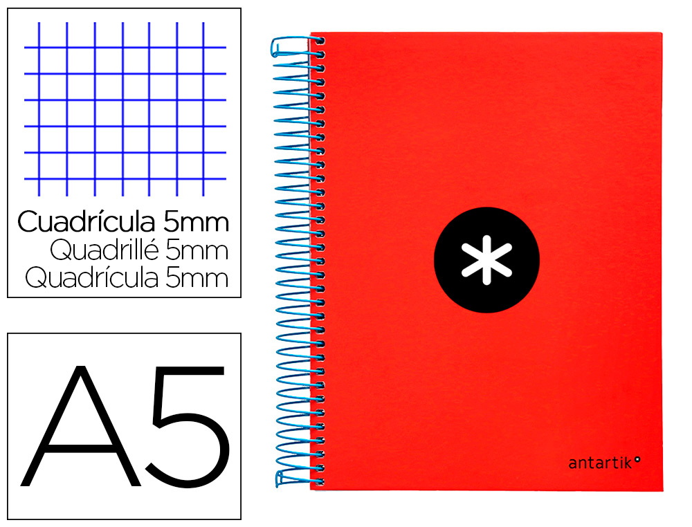 CAHIER SPIRALE LIDERPAPEL ANTARTIK A5 240P 90G COUVERTURE REMBORDE QUADRILLAGE 5MM 6 TROUS COIL-LOCK COLORIS ROUGE