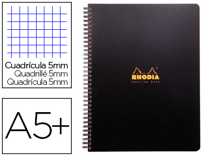 CAHIER RHODIACTIVE NOTEBOOK RELIURE INTGRALE NOIRE COUVERTURE PP A5+ 16X21CM 160 PAGES 90G 5X5MM MICROPERFOR
