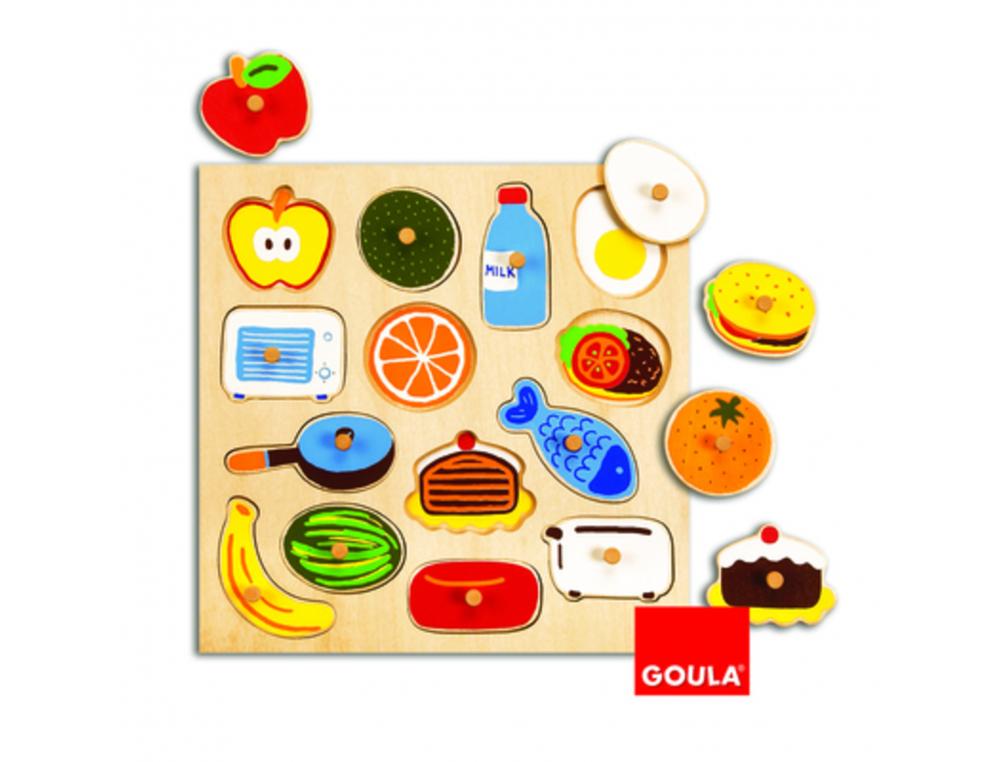 PUZZLE LES ALIMENTS GOULA ENCASTREMENT EN BOIS ALIMENTS OU OBJETS CUISINE 14 PIECES A REPOSITIONNER