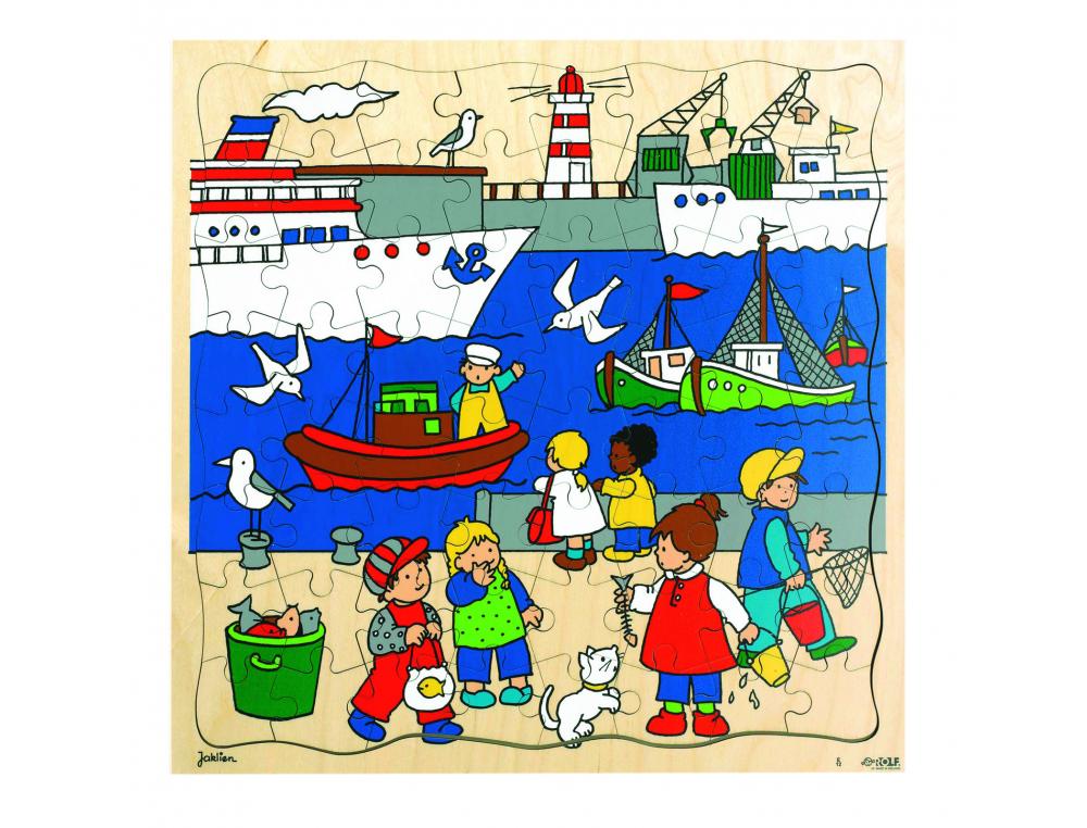 PUZZLES EN BOIS AVEC CADRE ROLF LES TRANSPORTS AU PORT   64 PIECES