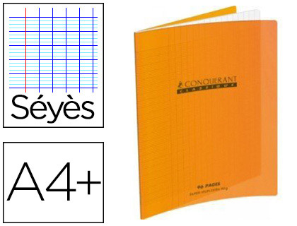 CAHIER PIQU CONQURANT CLASSIQUE COUVERTURE POLYPROPYLNE RIGIDE TRANSPARENT A4+ 24X32CM 48 PAGES 90G SYS ORANGE