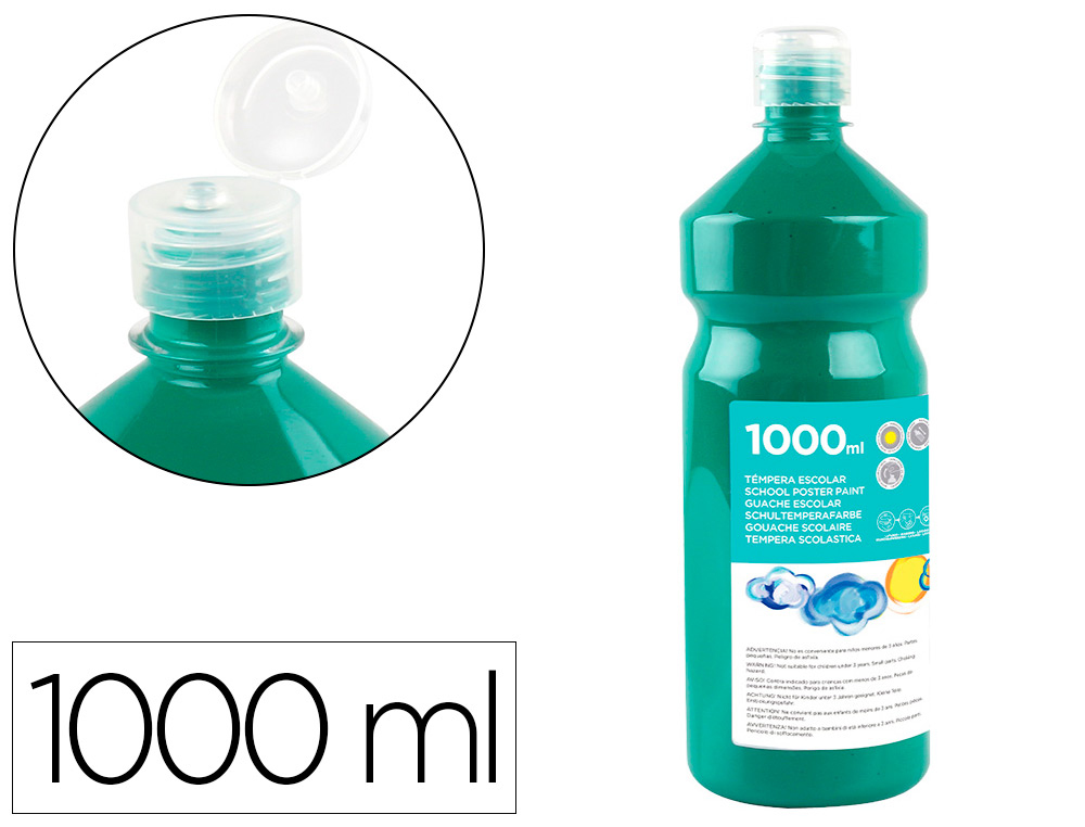 GOUACHE SCOLAIRE LIDERPAPEL LIQUIDE LAVABLE FERMETURE SCURIT BRILLANTE COLORIS VERT FONC FLACON 1000ML